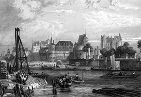 Vignette du Château et cathédrale de Nantes vers 1845 - gravure reproduite puis restaurée numériquement par  © Norbert Pousseur