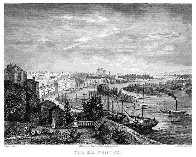 Pour Zoom, Nantes vers 1850 par F.E. Ricois, en N&B -  gravure couleur reproduite et restaurée numériquement par © Norbert Pousseur