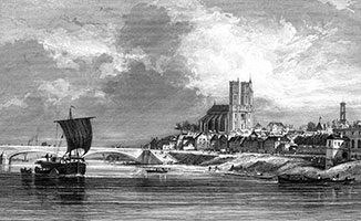 Vignette de Nantes depuis la Loire vers 1860 - gravure reproduite puis restaurée numériquement par  © Norbert Pousseur