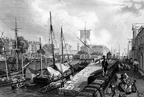 Vignette de Nantes et ses bateaux vers 1845 - gravure reproduite puis restaurée numériquement par  © Norbert Pousseur