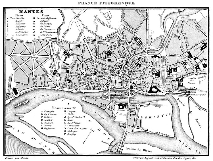 Plan de Nantes vers 1830 - gravure reproduite et restaurée numériquement par © Norbert Pousseur