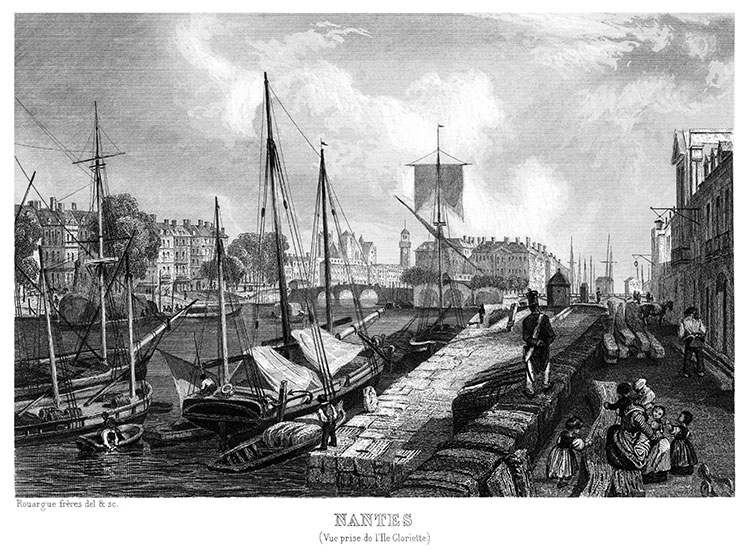 Nantes et ses bateaux vers 1845, - gravure reproduite et restaurée numériquement par © Norbert Pousseur