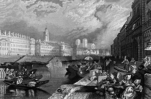 Vignette des quais de Nantes vers 1830 - gravure reproduite puis restaurée numériquement par  © Norbert Pousseur