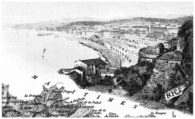 Nice depuis les falaises vers 1860 - gravure reproduite et restaurée numériquement par © Norbert Pousseur