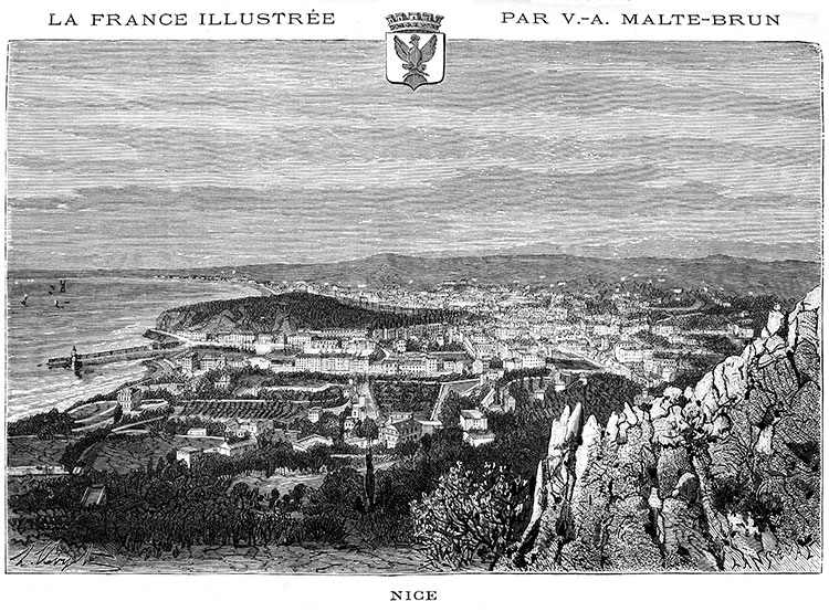 Nice depuis les hauteurs vers 1880 - gravure reproduite et restaurée numériquement par © Norbert Pousseur