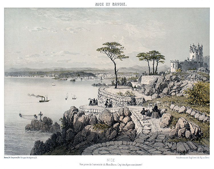 Nice depuis le Mont Boron, vers 1860 - gravure reproduite et restaurée numériquement par © Norbert Pousseur