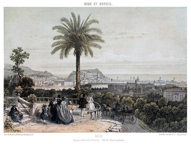 Nice depuis la villa Venanson, vers 1860 - gravure reproduite et restaurée numériquement par © Norbert Pousseur