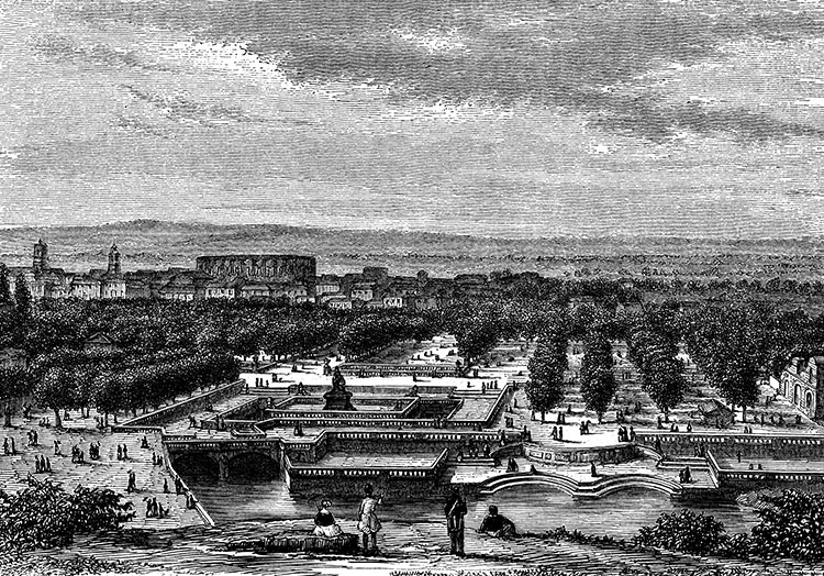 Nîmes vers 1840 - gravure reproduite et restaurée numériquement par © Norbert Pousseur