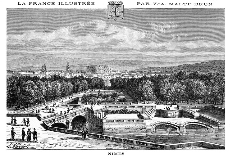Vue de Nîmes depuis les jardins vers 1880 - gravure reproduite et retouchée numériquement par © Norbert Pousseur