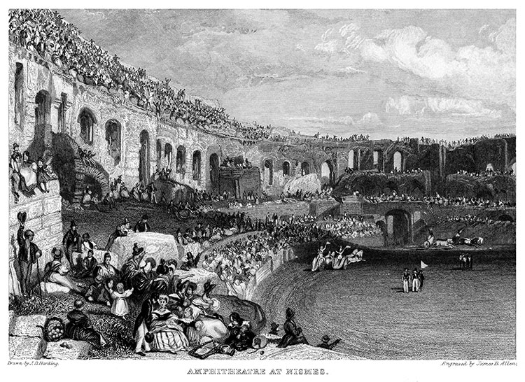 Course de chars dans les Arènes de Nîmes vers 1830 - gravure reproduite et retouchée numériquement par © Norbert Pousseur