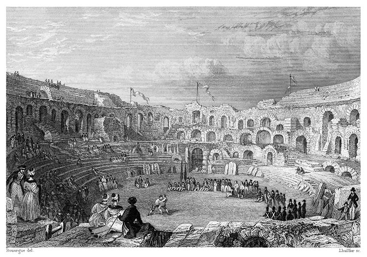 Joutes de lutteurs à l'intérieur des Arènes de Nîmes vers 1840- gravure reproduite et retouchée numériquement par © Norbert Pousseur