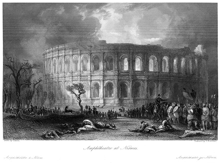Arènes de Nîmes en feu vers 1840 - gravure reproduite et retouchée numériquement par © Norbert Pousseur