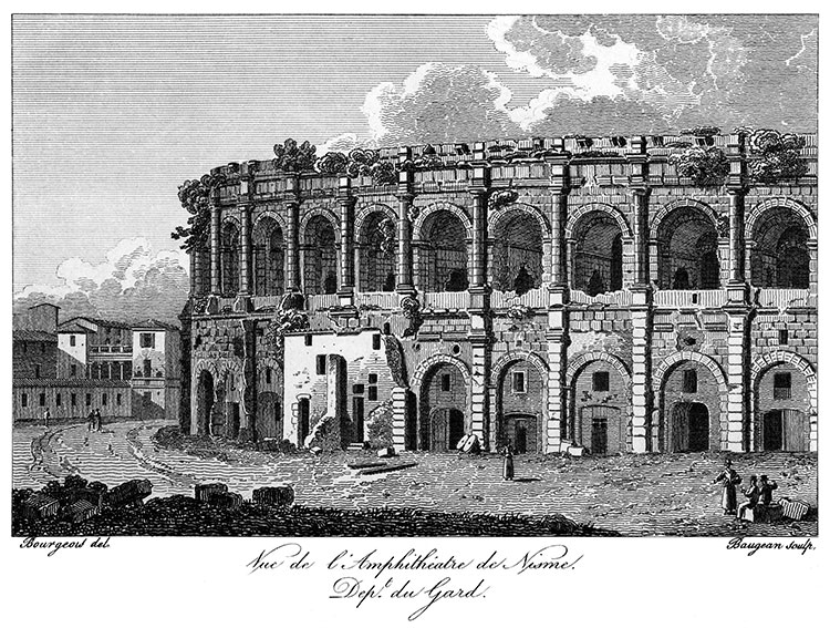 Arènes de Nîmes vers 1825, parrtie gauche - gravure reproduite et retouchée numériquement par © Norbert Pousseur