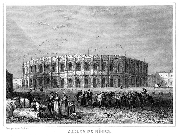 Arènes de Nîmes vers 1855 - gravure reproduite et retouchée numériquement par © Norbert Pousseur