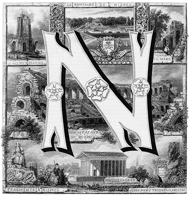 Vues de Nîmes vers 1860 - gravure  reproduite et retouchée numériquement par © Norbert Pousseur