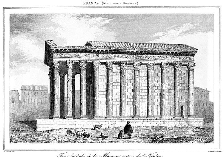 Face latérale de la Maison carrée de Nîmes vers 1840 - gravure reproduite et retouchée numériquement par © Norbert Pousseur