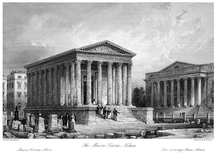 Façade de la Maison carrée de Nîmes  vers 1854 - gravure reproduite et retouchée numériquement par © Norbert Pousseur