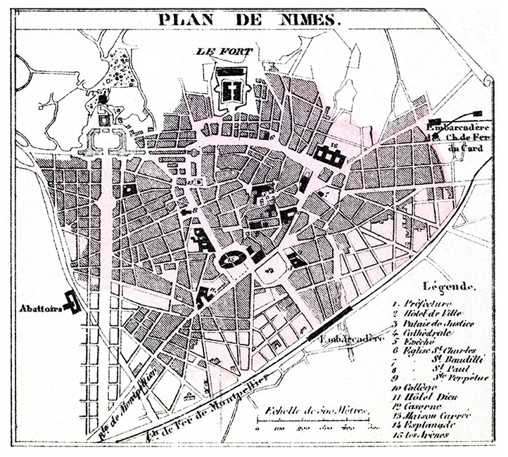 Plan de Nîmes vers 1850 - gravure reproduite et restaurée numériquement par © Norbert Pousseur