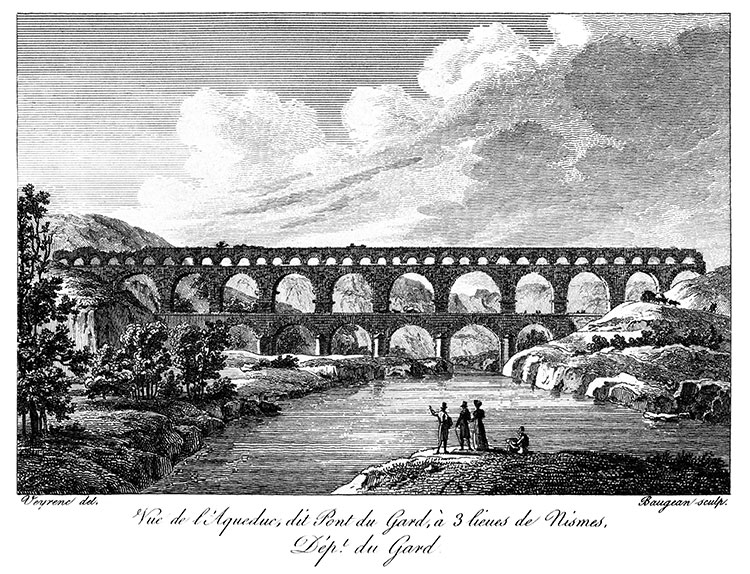 Le Pont du Gard à hauteur du Gard vers 1825 - gravure reproduite et retouchée numériquement par © Norbert Pousseur