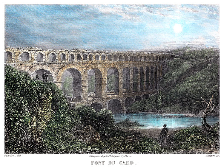 Pont du Gard vers 1850 - gravure reproduite et retouchée numériquement par © Norbert Pousseur