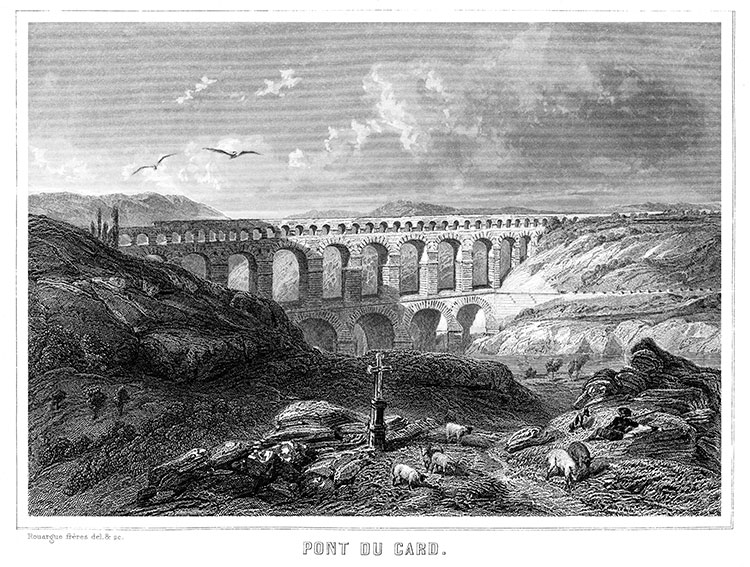 Le Pont du Gard depuis la croix de sa rive gauche - gravure reproduite et retouchée numériquement par © Norbert Pousseur