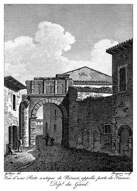 Porte de France à Nîmes vers 1825 - gravure reproduite et retouchée numériquement par © Norbert Pousseur