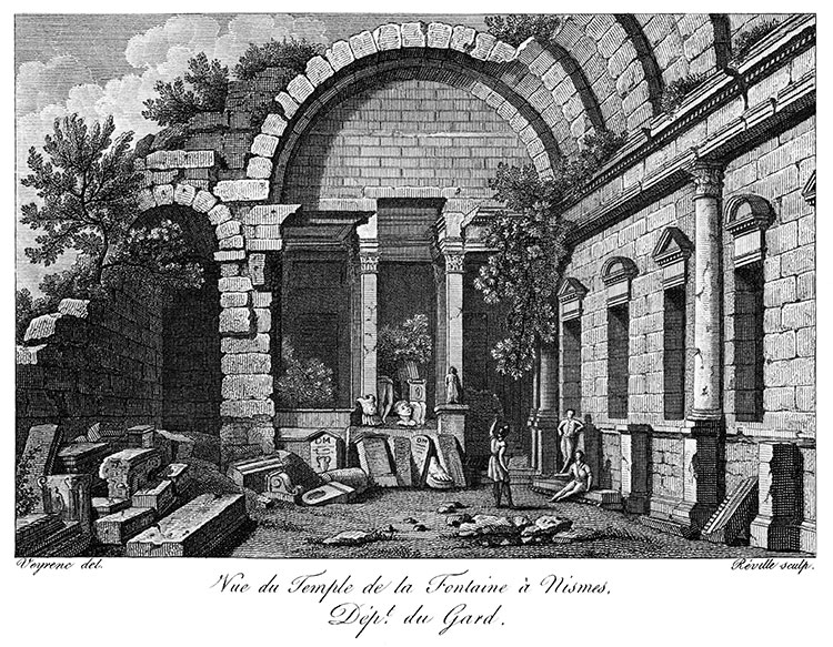 Temple de Diane ou de La Fontaine à Nîmes vers 1825 - gravure reproduite et retouchée numériquement par © Norbert Pousseur