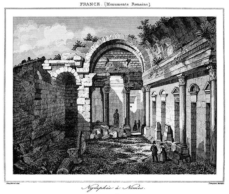 Temple de Diane avec Nymphée  à Nîmes vers 1840 - gravure reproduite et retouchée numériquement par © Norbert Pousseur