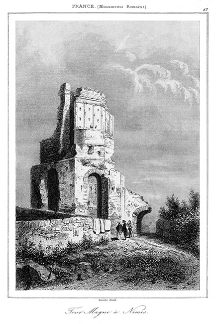 Exérieur des remparts de la Tour Magne de Nîmes vers 1840 - gravure reproduite et retouchée numériquement par © Norbert Pousseur