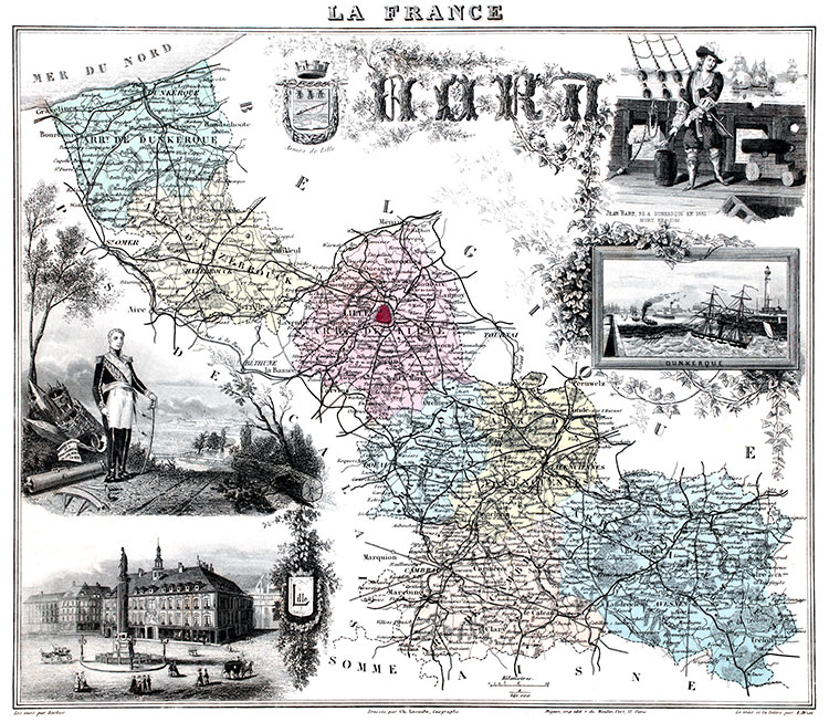 Carte du département du Nord en 1883 par Vuillemin - gravure reproduite et restaurée numériquement par © Norbert Pousseur