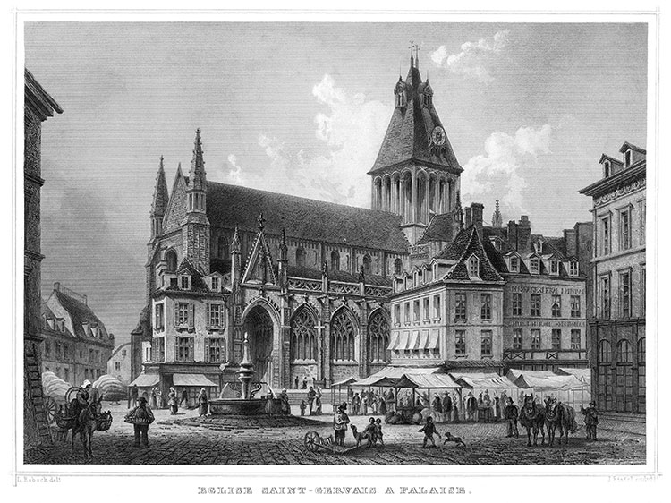 Eglise St Gervais de Falaise vers 1860 par Ludwig Robock - gravure reproduite et restaurée par © Norbert Pousseur 