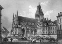 Pour zoom, église St Gervais de Falaise vers 1860 par Ludwig Robock - gravure reproduite et restaurée par © Norbert Pousseur 