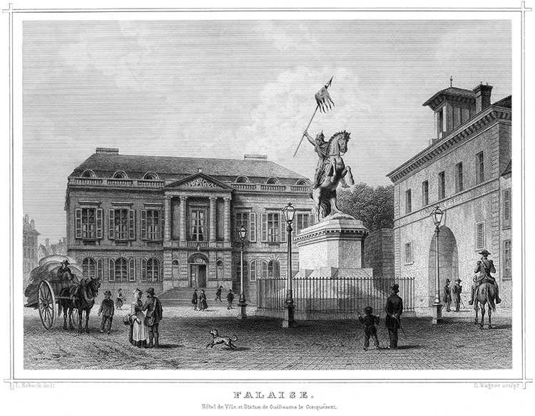 Hôtel de Ville de Falaise vers 1860 par Ludwig Robock - gravure reproduite et restaurée par © Norbert Pousseur 