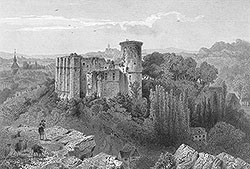 Pour zoom, château de Falaise vers 1860 par Ludwig Robock - gravure reproduite et restaurée par © Norbert Pousseur 