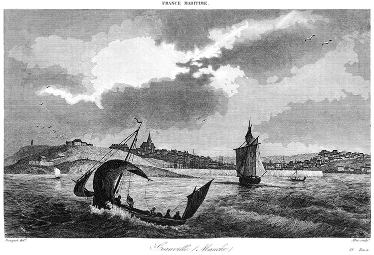 Granville depuis la mer vers 1830 - gravure de Bouquet, reprroduite puis restaurée numériquement par © Norbert Pousseur