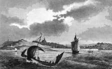 Pour zoom, Granville depuis la mer vers 1830 - gravure de Bouquet, reprroduite puis restaurée numériquement par © Norbert Pousseur
