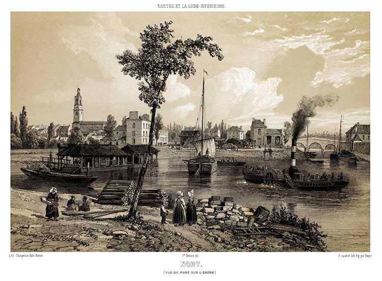 Nort au bord de l'Erdre, vers 1840, gravure de Lalaisse, reproduite et restaurée numériquement par © Norbert Pousseur Nort au bord de l'Erdre, vers 1840, gravure de Lalaisse, reproduite et restaurée numériquement par © Norbert Pousseur