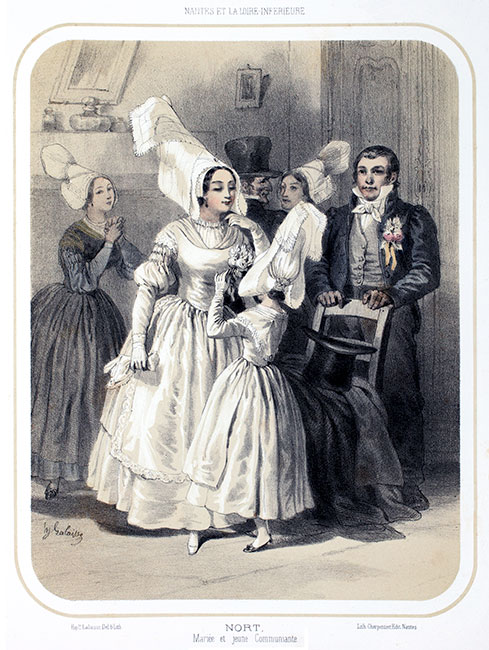 Mariage breton et habit de jeune communiante - gravure de 1850 par Lalaisse, reproduite et restaurée numériquement par © Norbert Pousseur