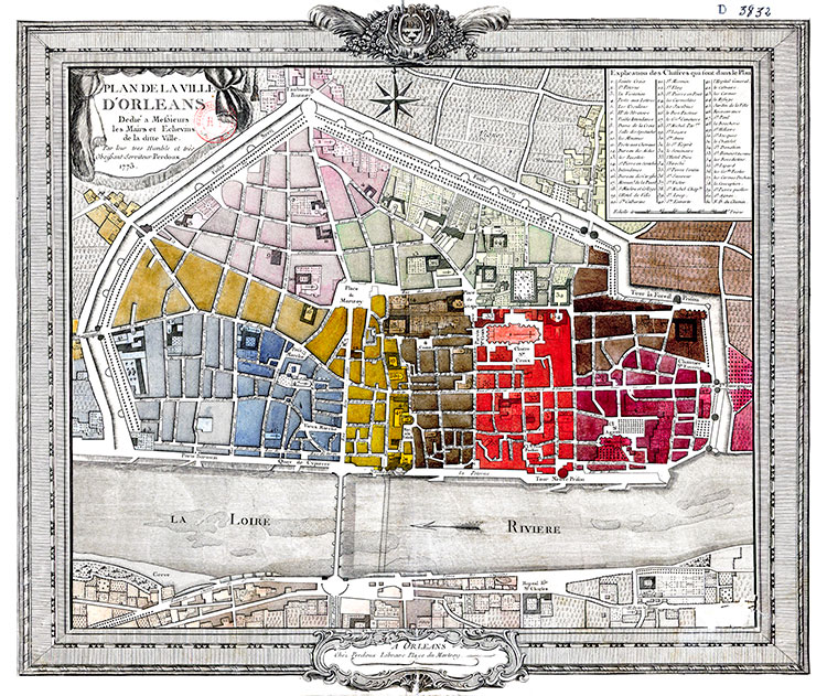 Plan d'Orléans vers  1770 - gravure reproduite par © la BNF et restaurée numériquement par © Norbert Pousseur