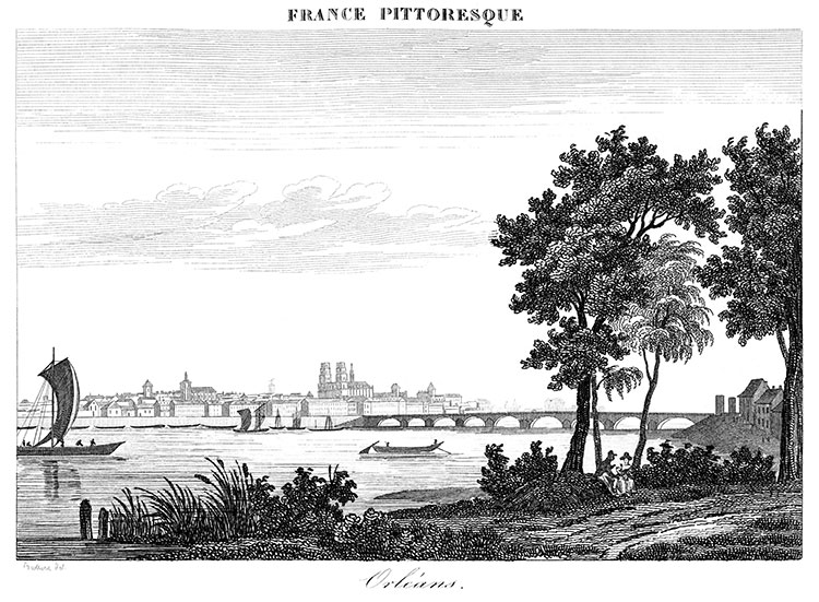 Orléans depuis la Loire vers 1830 - gravure reproduite et restaurée numériquement par © Norbert Pousseur Orléans depuis la Loire vers 1830 - gravure reproduite et restaurée numériquement par © Norbert Pousseur