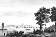 Zoom sur Orléans depuis la Loire vers 1830 - gravure reproduite et restaurée numériquement par © Norbert Pousseur