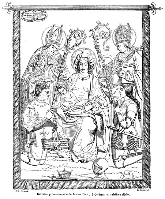 Bannière processionnelle avec Jeanne d'Arc et Charles VII - gravure reproduite et restaurée numériquement par © Norbert Pousseur Bannière processionnelle avec Jeanne d'Arc et Charles VII - gravure reproduite et restaurée numériquement par © Norbert Pousseur
