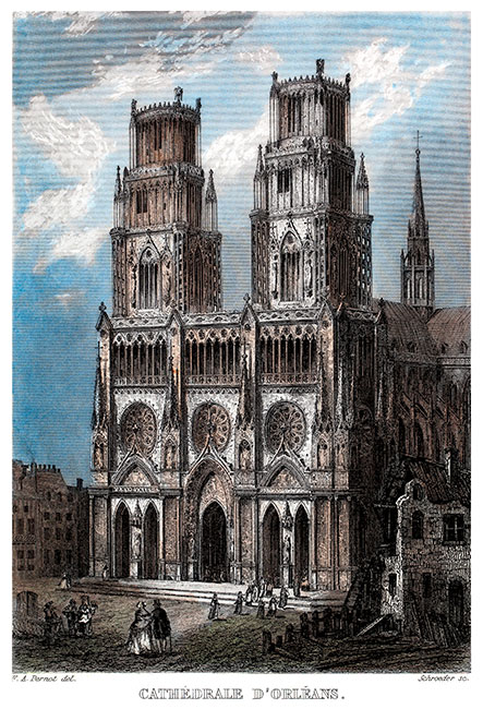 Façade de la cathédrale d'Orléans vers 1850 - gravure reproduite et restaurée numériquement par © Norbert Pousseur Façade de la cathédrale d'Orléans vers 1850 - gravure reproduite et restaurée numériquement par © Norbert Pousseur