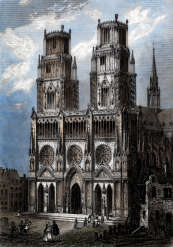 Zoom sur Façade de la cathédrale d'Orléans vers 1850 - gravure reproduite et restaurée numériquement par © Norbert Pousseur