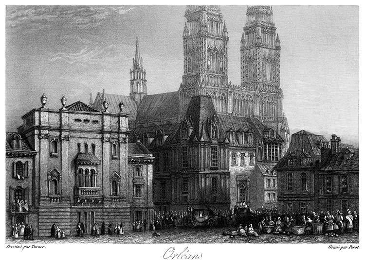 Place centrale d'Orléans et sa cathédrale vers 1830 - gravure reproduite et restaurée numériquement par © Norbert Pousseur
