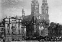 Zoom sur Place centrale d'Orléans et sa cathédrale vers 1830 - gravure reproduite et restaurée numériquement par © Norbert Pousseur
