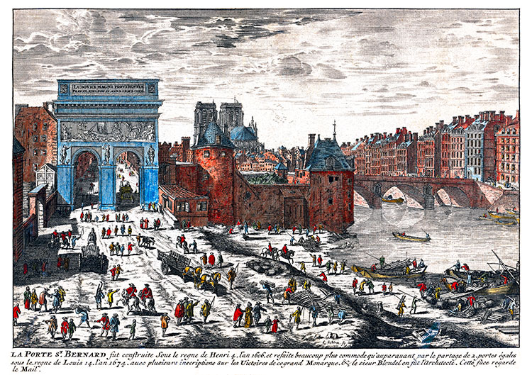 Paris - Porte St Bernard  et Pont de la Tournelle vers 1700 - Gravure  reproduite puis restaurée par © Norbert Pousseur