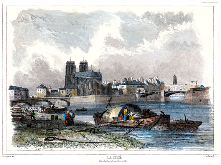 Paris - La Cité vers 1830 - gravure couleur de Rouargue   reproduite puis restaurée par © Norbert Pousseur
