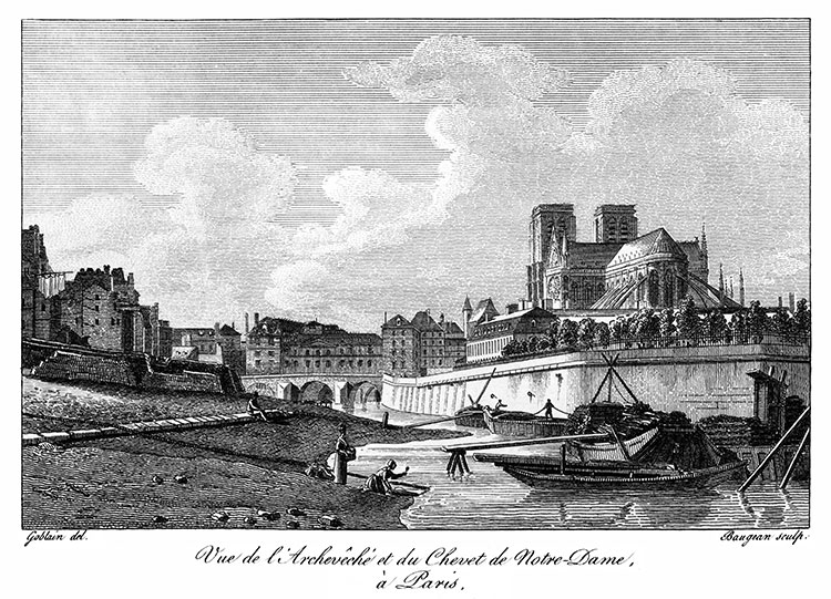 Paris, vue du chevet de Notre-Dame vers 1825  - Gravure  de Goblain, reproduite puis restaurée par © Norbert Pousseur