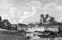 Zoom sur Paris, vue prise du poParis, vue du chevet de Notre-Dame vers 1825  - Gravure  de Goblain, reproduite puis restaurée par © Norbert Pousseur